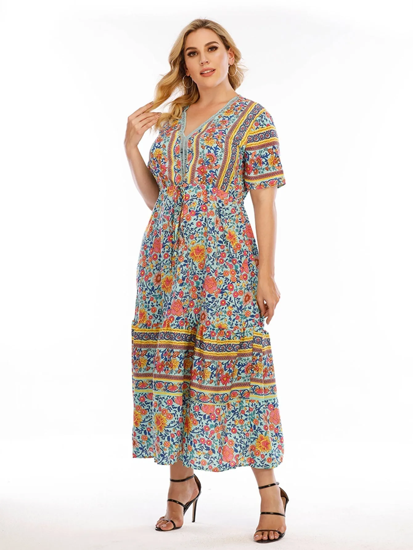 KittenAlarm - Plus Size Boho Print High Waist Dress