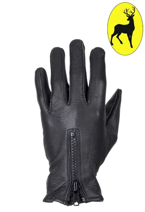 Ladies Deer Skin Leather Gloves W/ Zipper - Black, GLD114-22-LADIES-DL