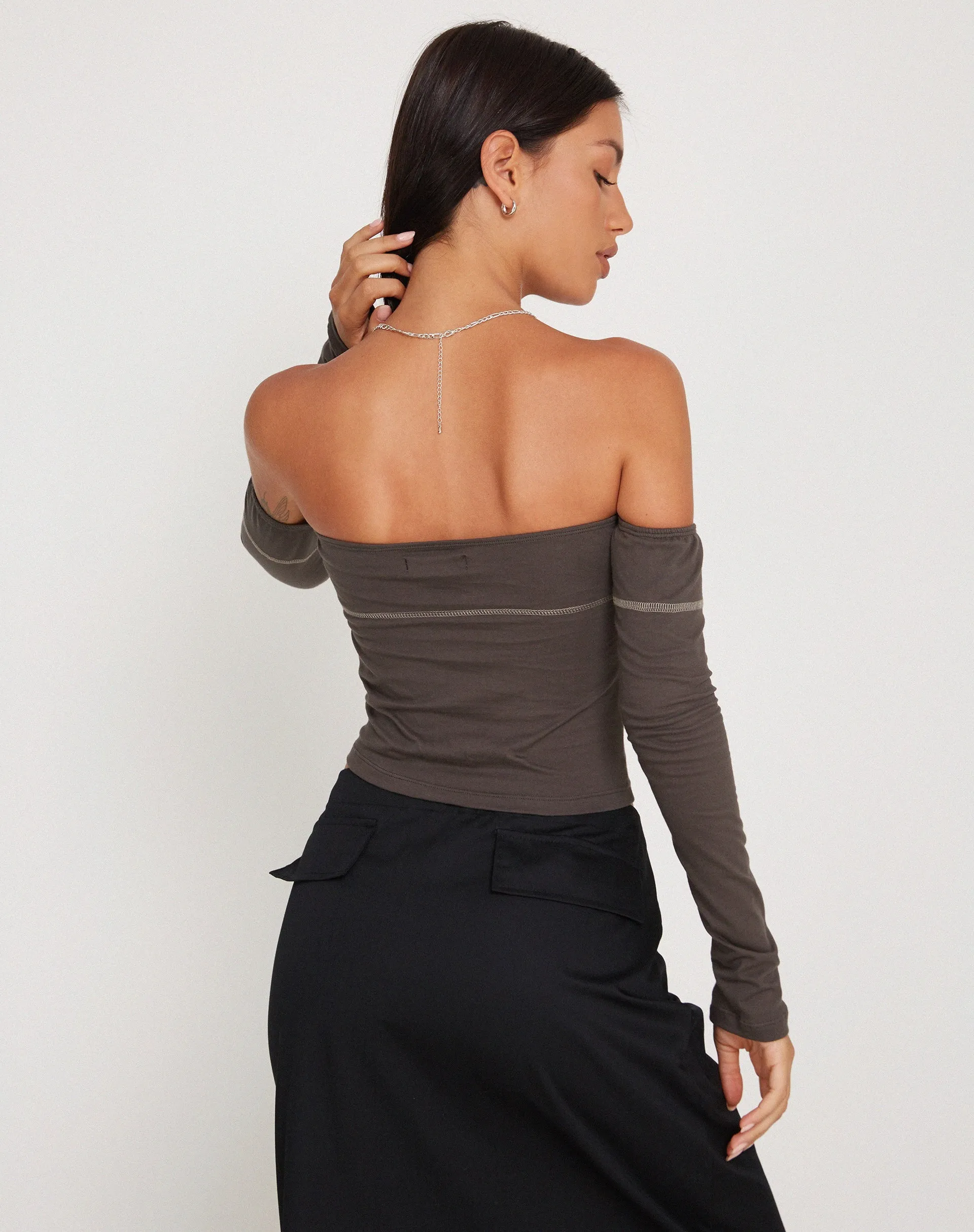 Lan Long Sleeve Top in Gunmetal with Grey Top Stitch