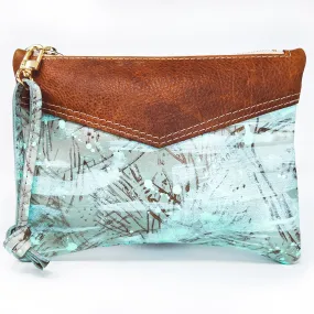 Large Leather Wristlet  Handbag For Women - Two Tone Brown Leather & Hand Painted Mint Accents