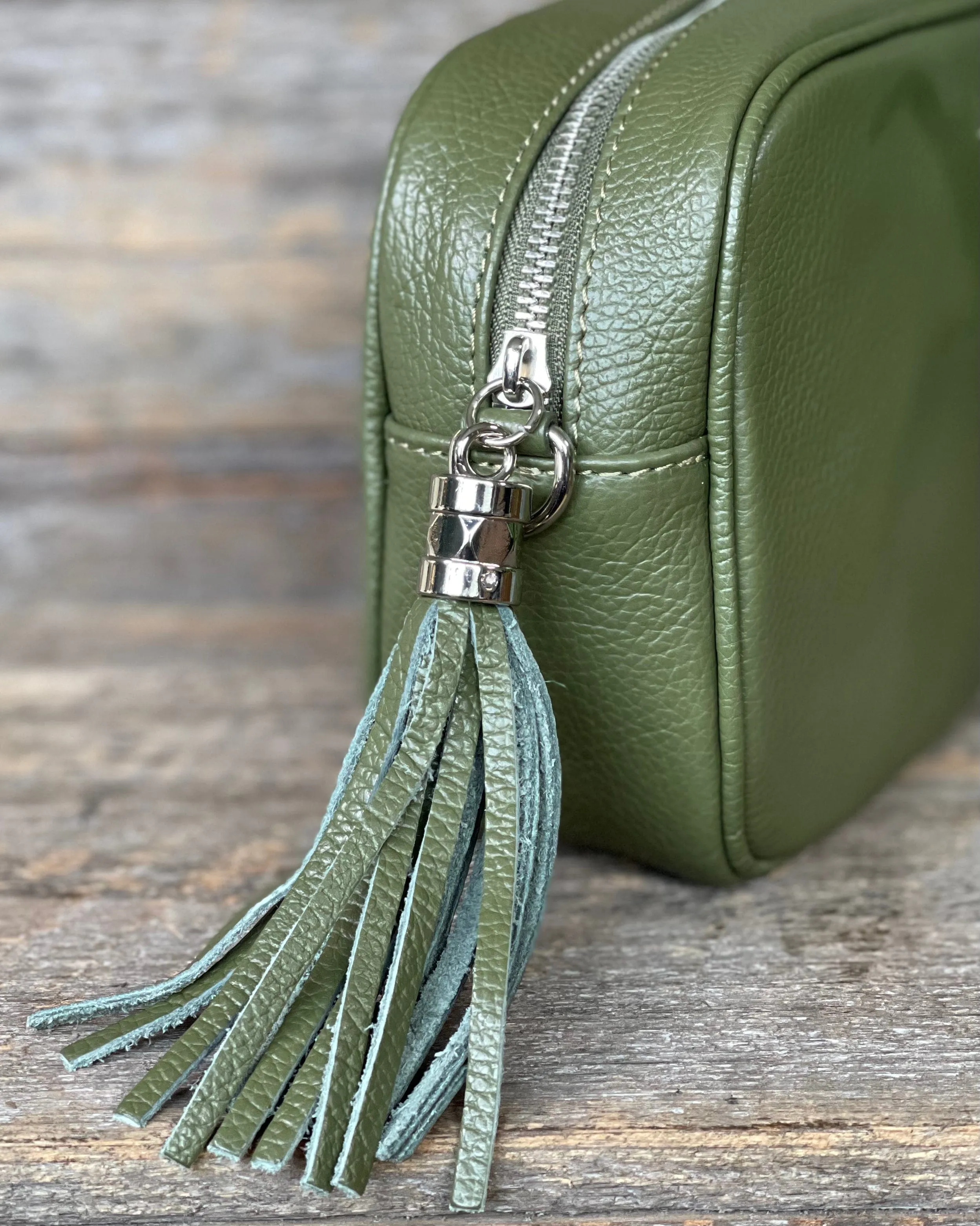 Leather Tassel Bag - Olive With Silver Finishings