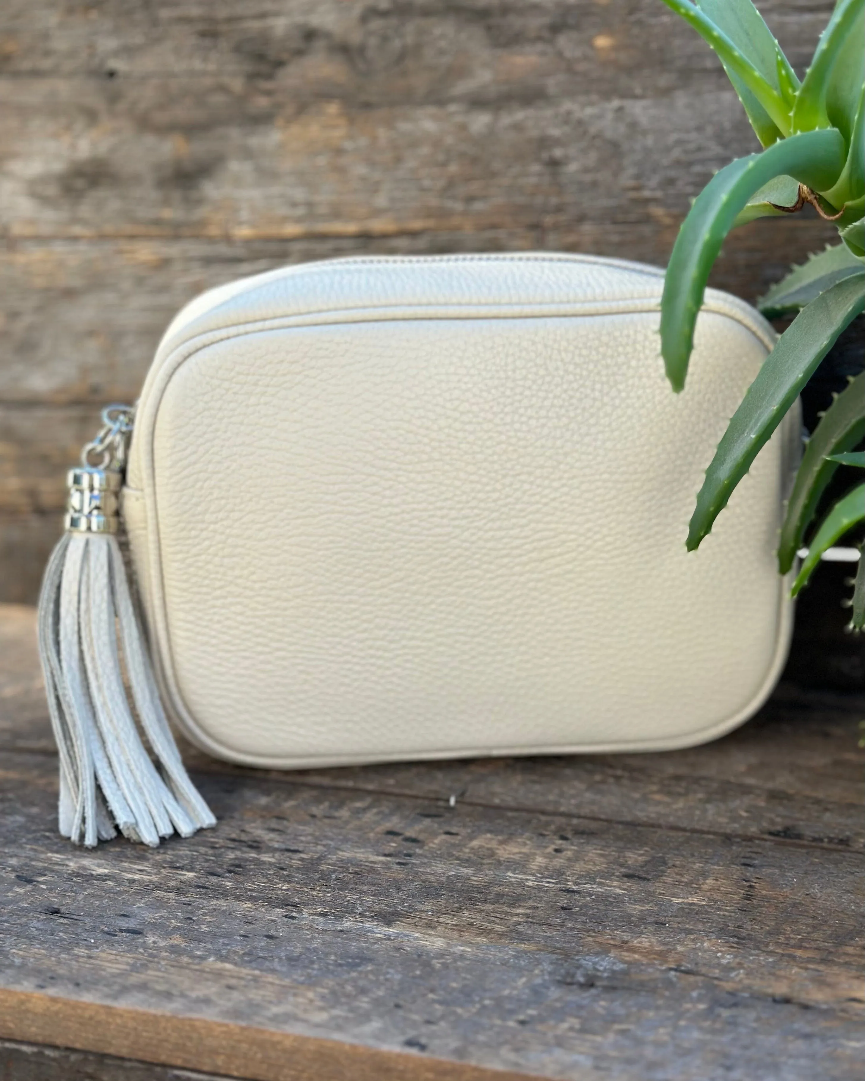 Leather Tassel Bag - Stone With Silver Finishings