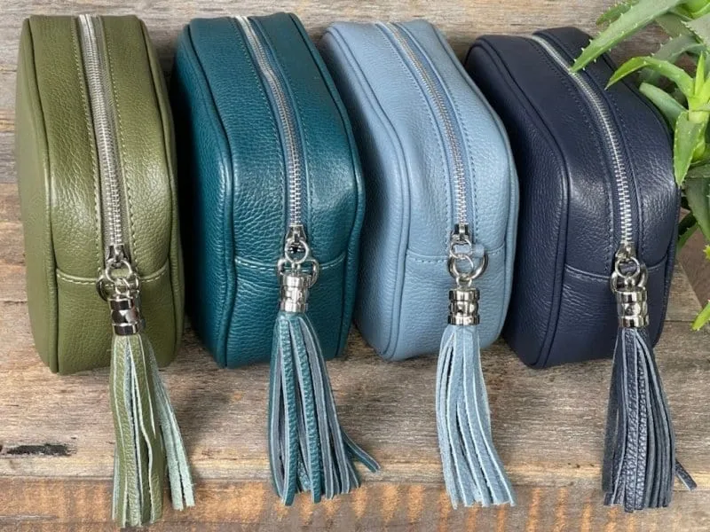 Leather Tassel Bag - Teal With Silver Finishings