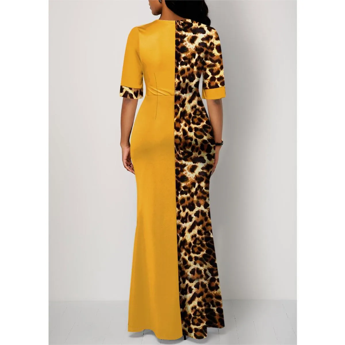 Leopard Print Stitching Slit Bodycon Dresses Round Neck High Waist  Long Skirt for Party Prom Dinner Business Club