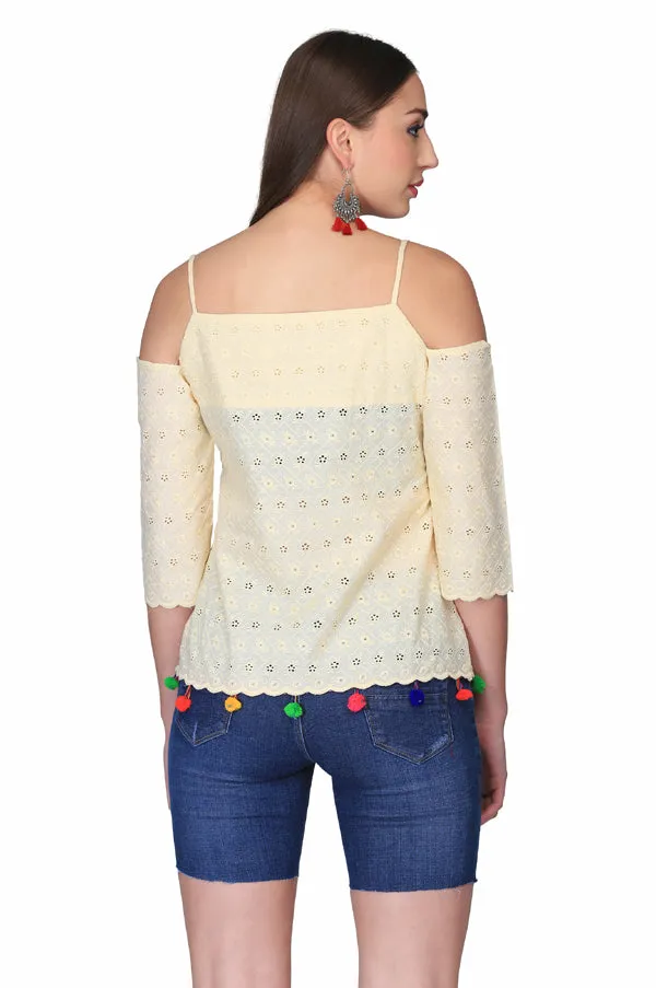 LIGHT YELLOW COLD SHOULDER TOP FOR WOMEN