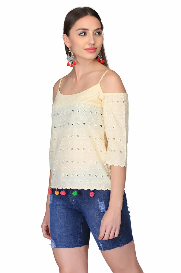 LIGHT YELLOW COLD SHOULDER TOP FOR WOMEN