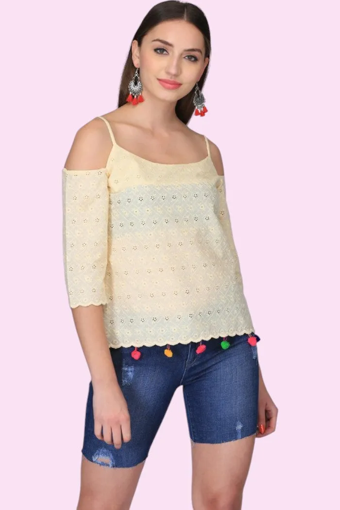 LIGHT YELLOW COLD SHOULDER TOP FOR WOMEN