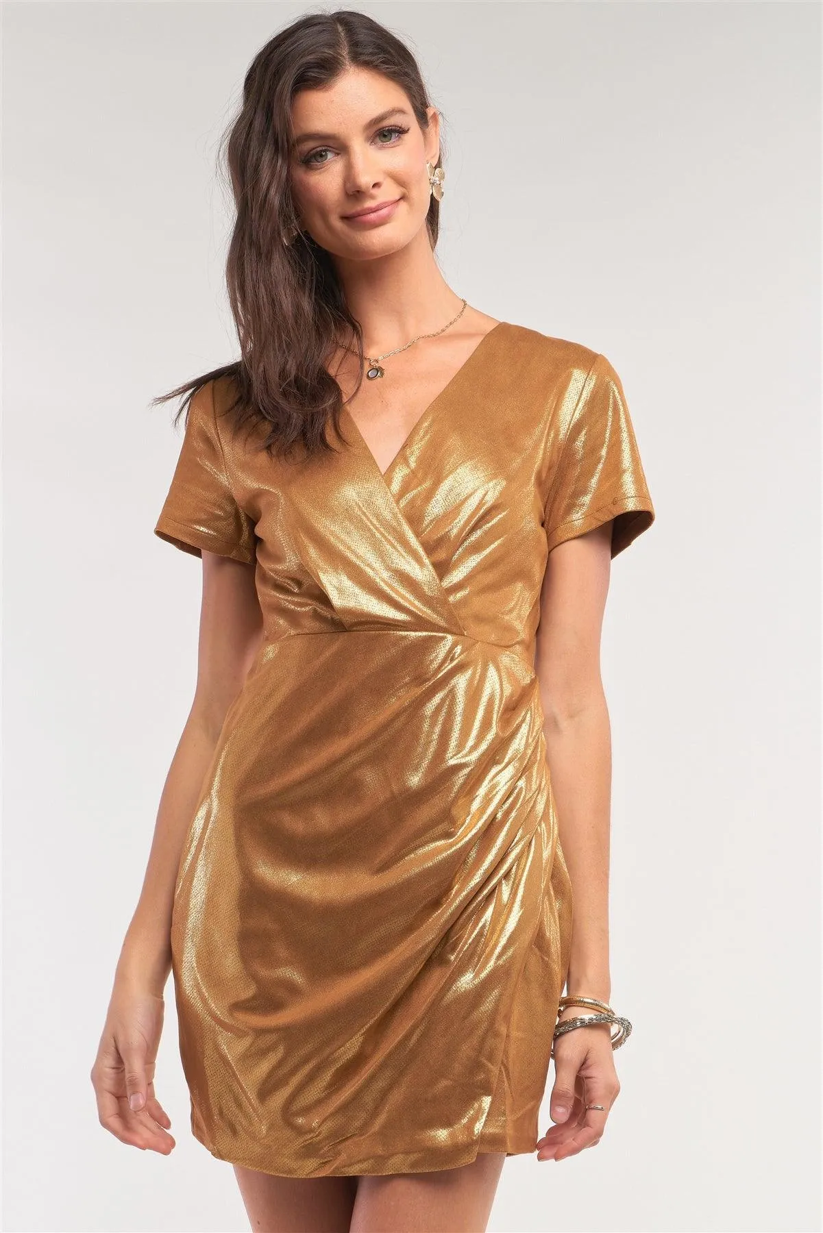 Liquid Gold Deep Plunge V-Neck Short Sleeve Wrap Gathered Side Detail Mini Dress /1-1-2-1