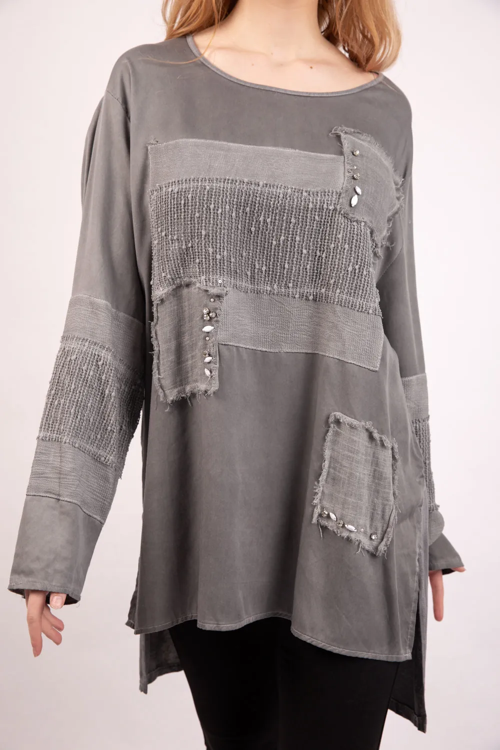 Long Sleeve Knitted Top with Diamante Mesh Patchwork