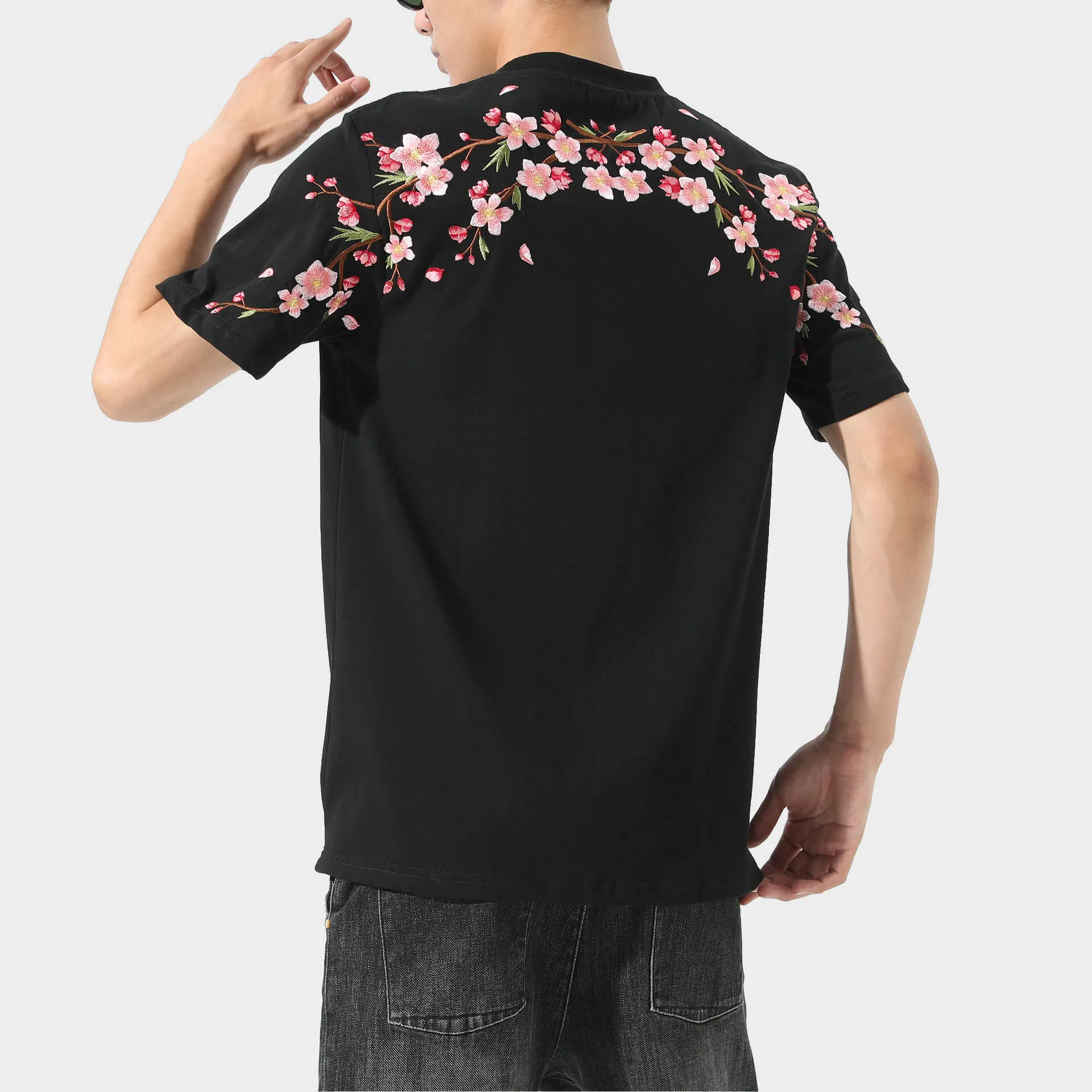 Loose Plum Sakura Embroidered Shirt Cherry Blossom Print Loose T-shirt