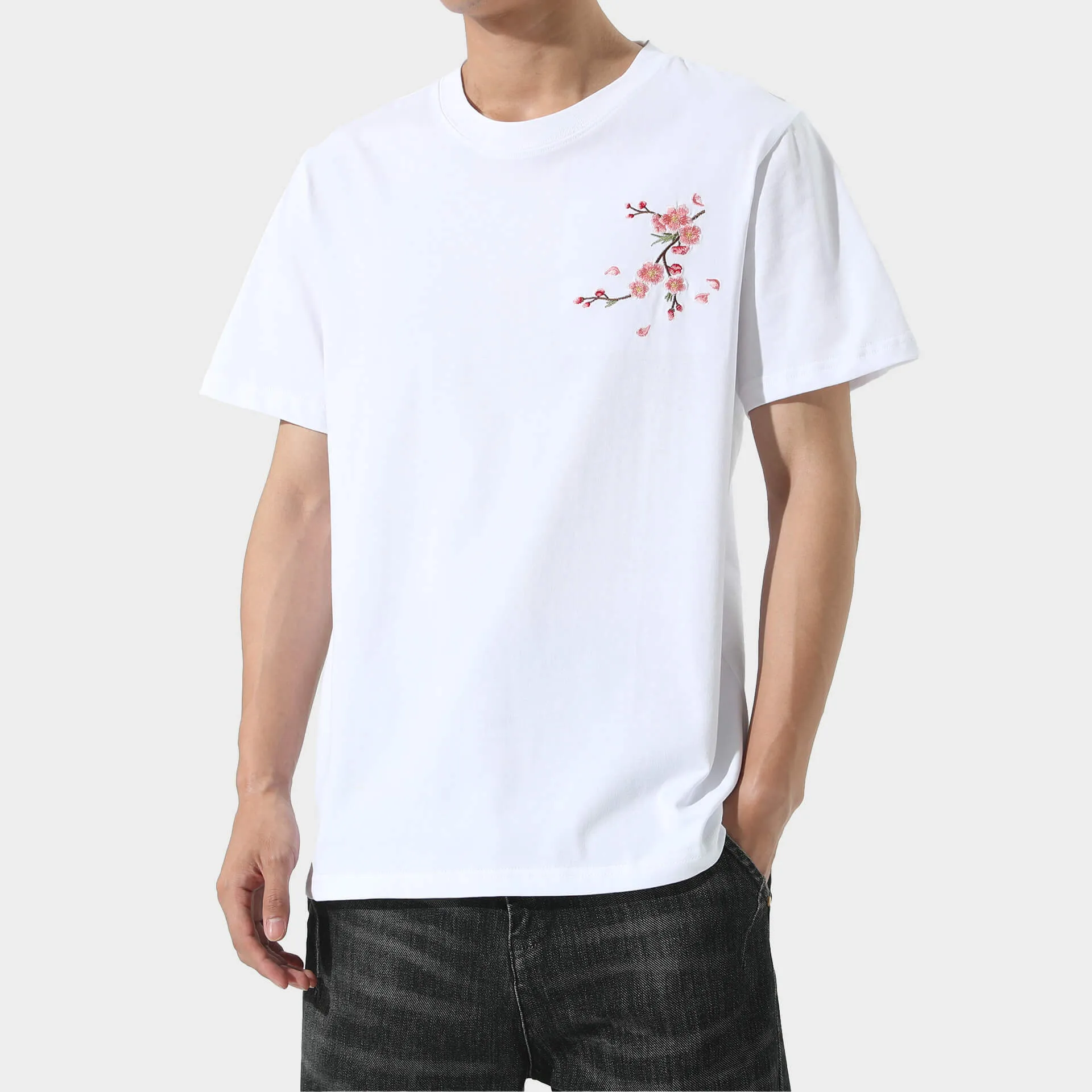 Loose Plum Sakura Embroidered Shirt Cherry Blossom Print Loose T-shirt