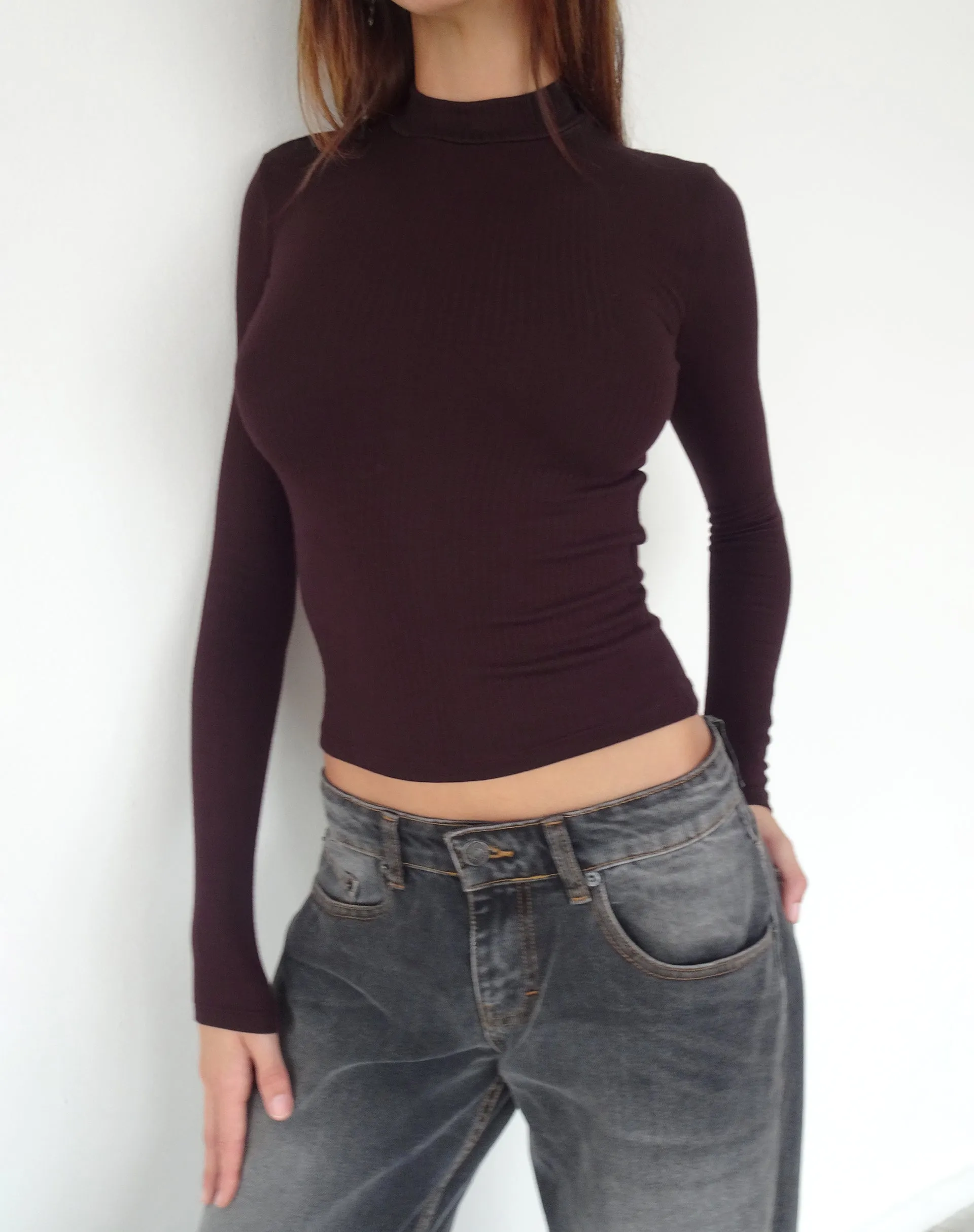 Mabel High-Neck Long Sleeve Ribbed Top in Oxblood