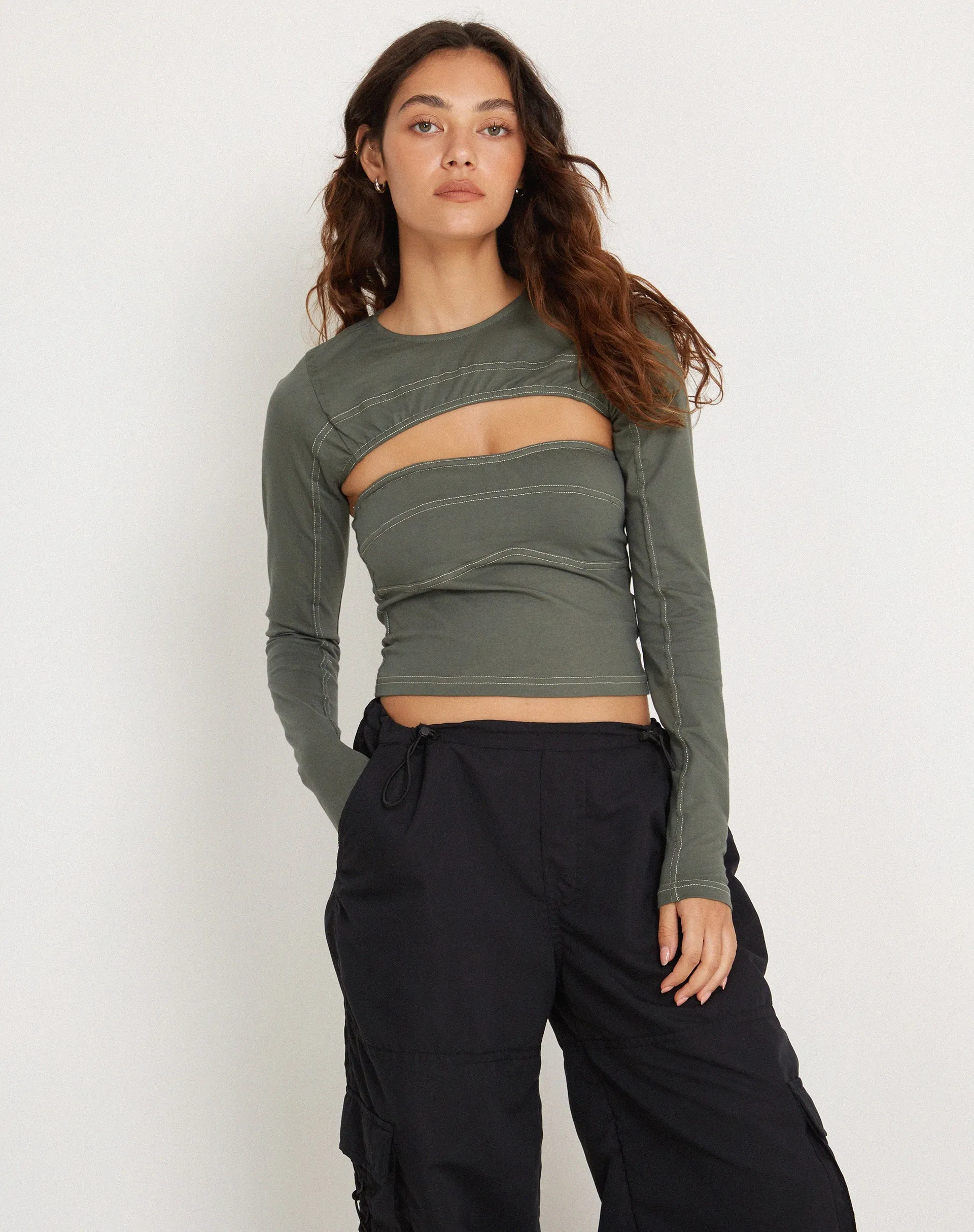 Matea Long Sleeve Top in Duck Green with Yellow Top Stitch