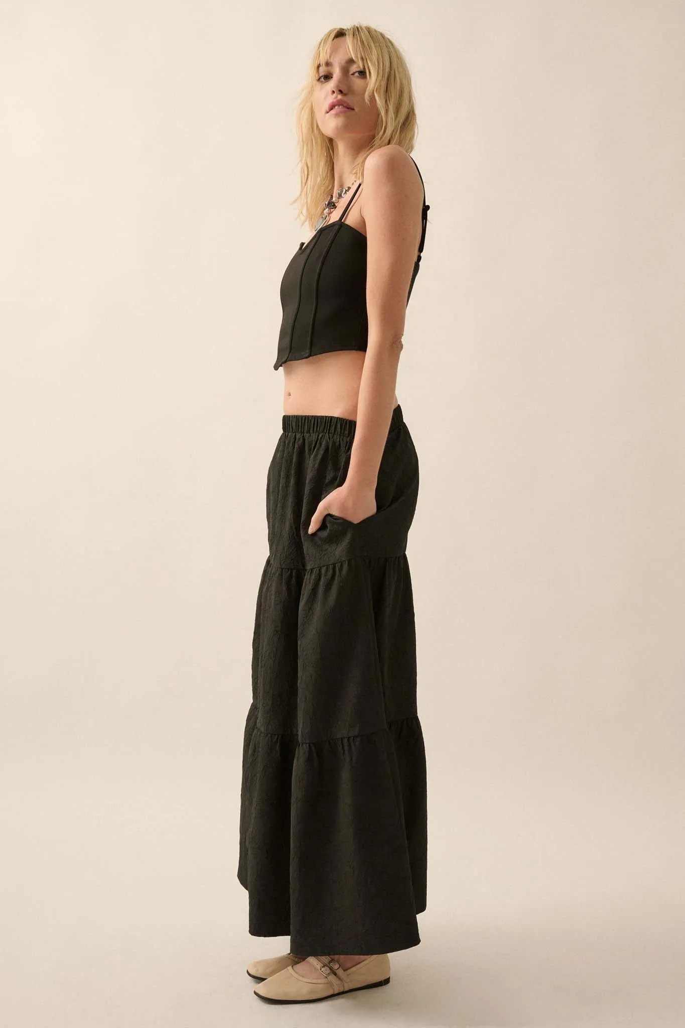 Mellow Out Textured Tiered Ruffle Maxi Skirt