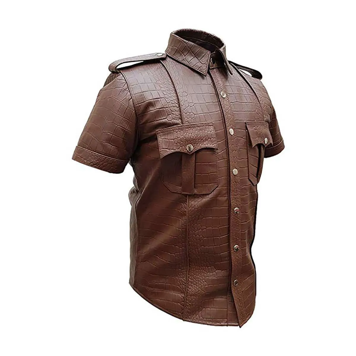 Men Brown Crocodile Print Leather Police Uniform Style Shirt - PSHS-CROC-BRW