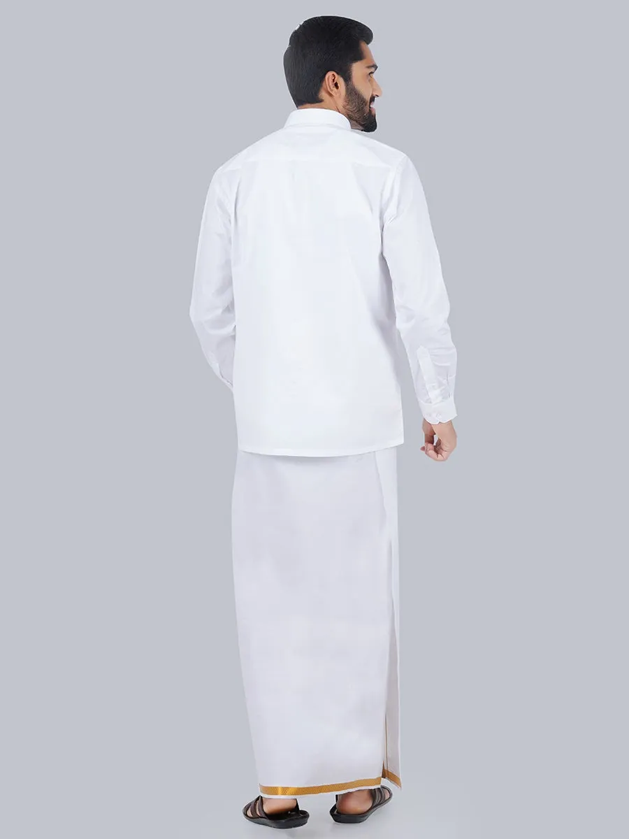 Men Cotton White Full Sleeves Shirt with 3/4'' inch Jari Dhoti