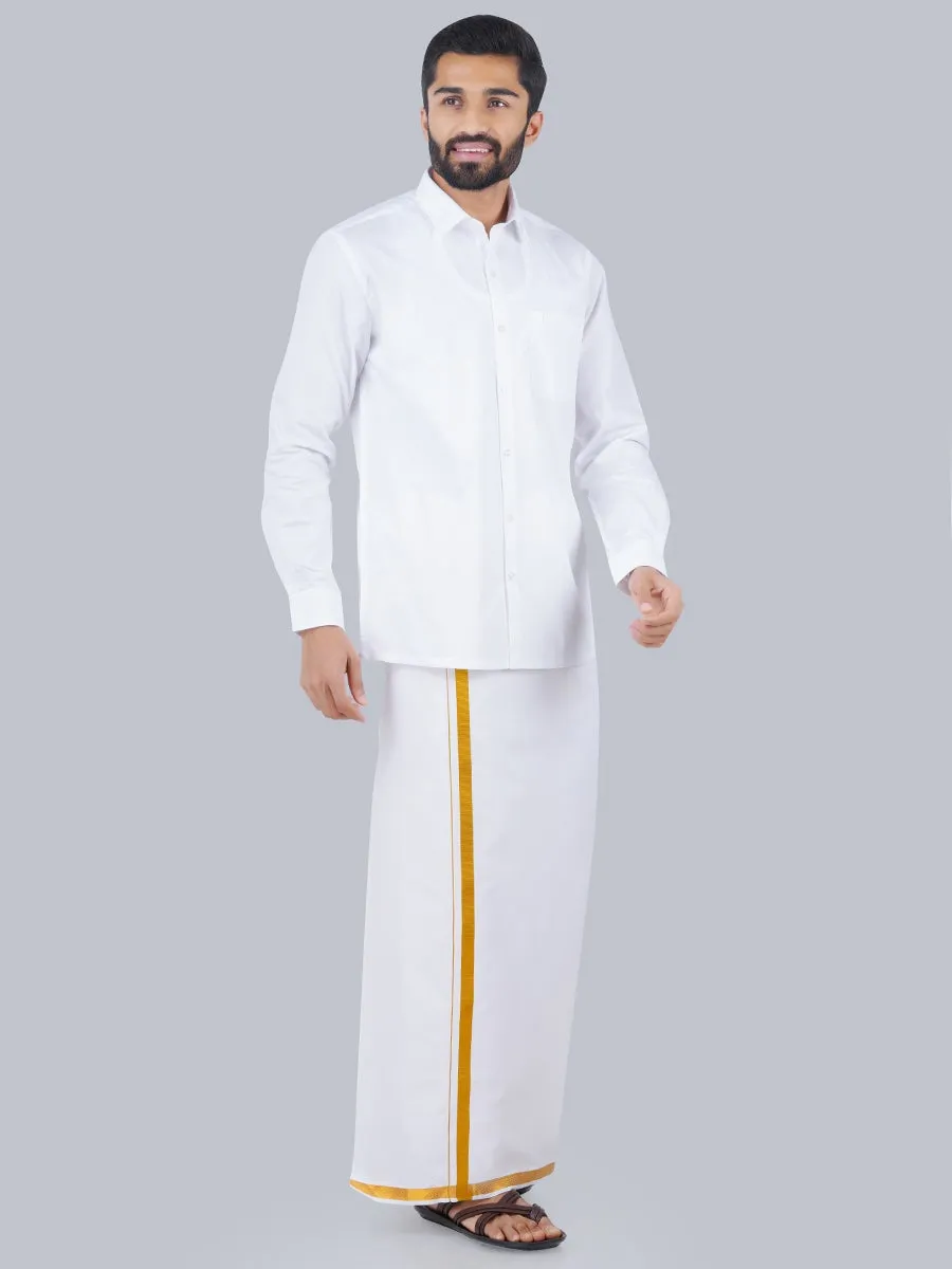 Men Cotton White Full Sleeves Shirt with 3/4'' inch Jari Dhoti