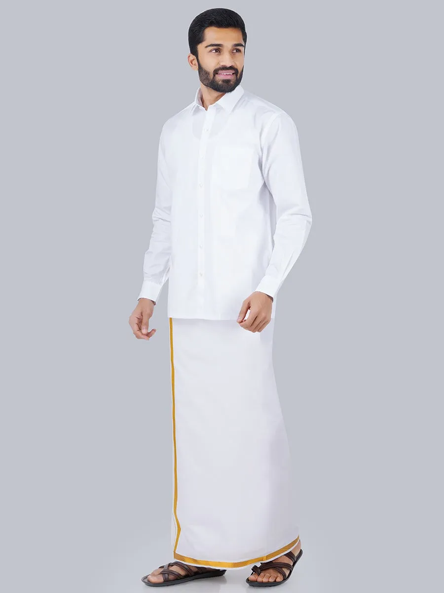 Men Cotton White Full Sleeves Shirt with 3/4'' inch Jari Dhoti