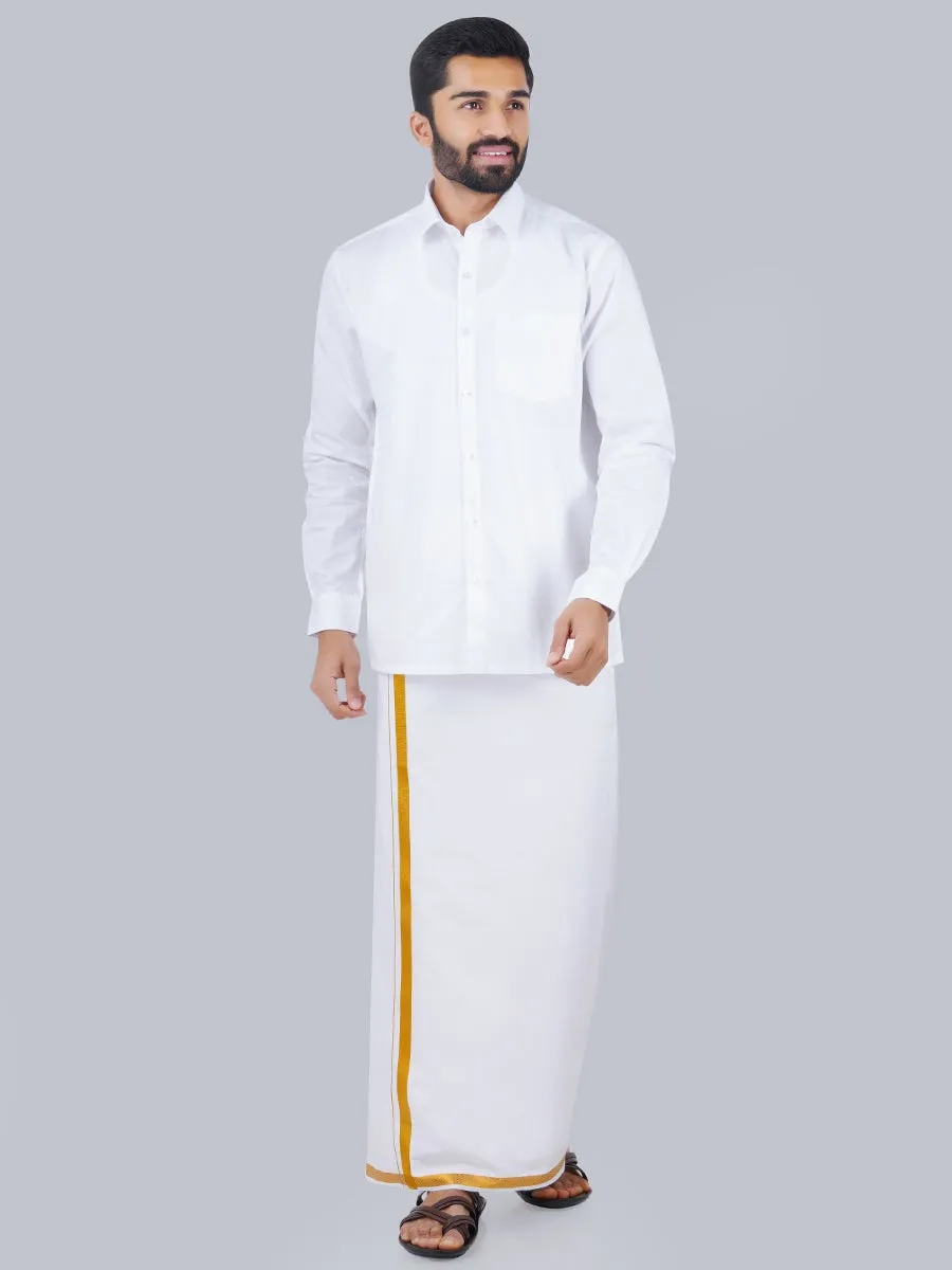 Men Cotton White Full Sleeves Shirt with 3/4'' inch Jari Dhoti