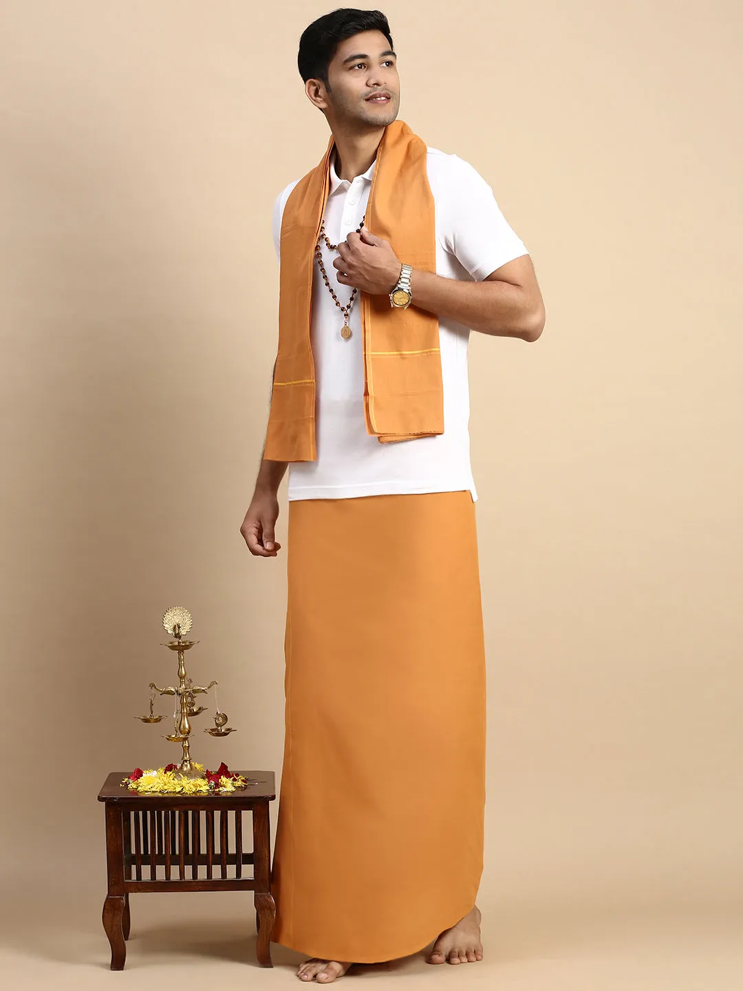 Men Devotional Small Border Dhoti with Towel & TShirt Set Kavi EP1