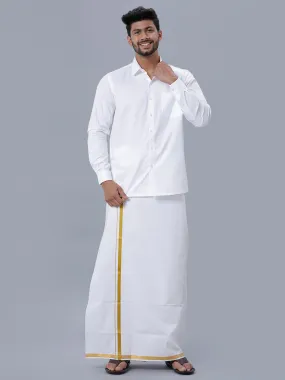 Men Wrinkle Free White Full Sleeves Shirt with 3/4'' inch Gold Jari Single Dhoti Combo