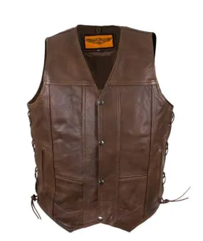 Mens 10 Pocket Brown Motorcycle Leather Vest, MV310-BRN-11-DL