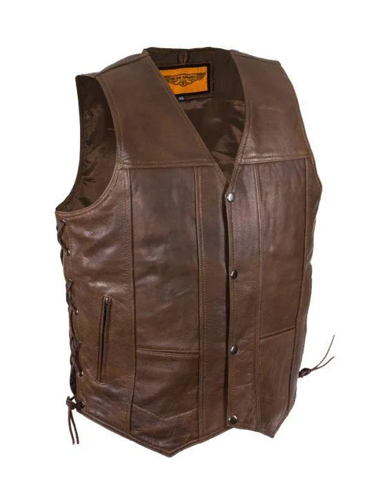 Mens 10 Pocket Brown Motorcycle Leather Vest, MV310-BRN-11-DL