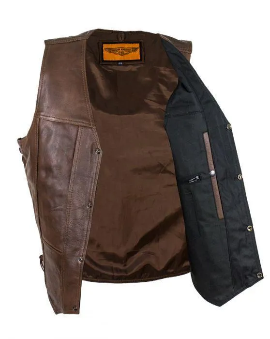 Mens 10 Pocket Brown Motorcycle Leather Vest, MV310-BRN-11-DL