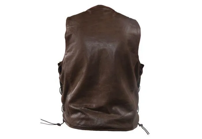 Mens 10 Pocket Brown Motorcycle Leather Vest, MV310-BRN-11-DL