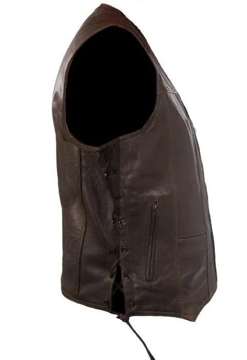 Mens 10 Pocket Brown Motorcycle Leather Vest, MV310-BRN-11-DL