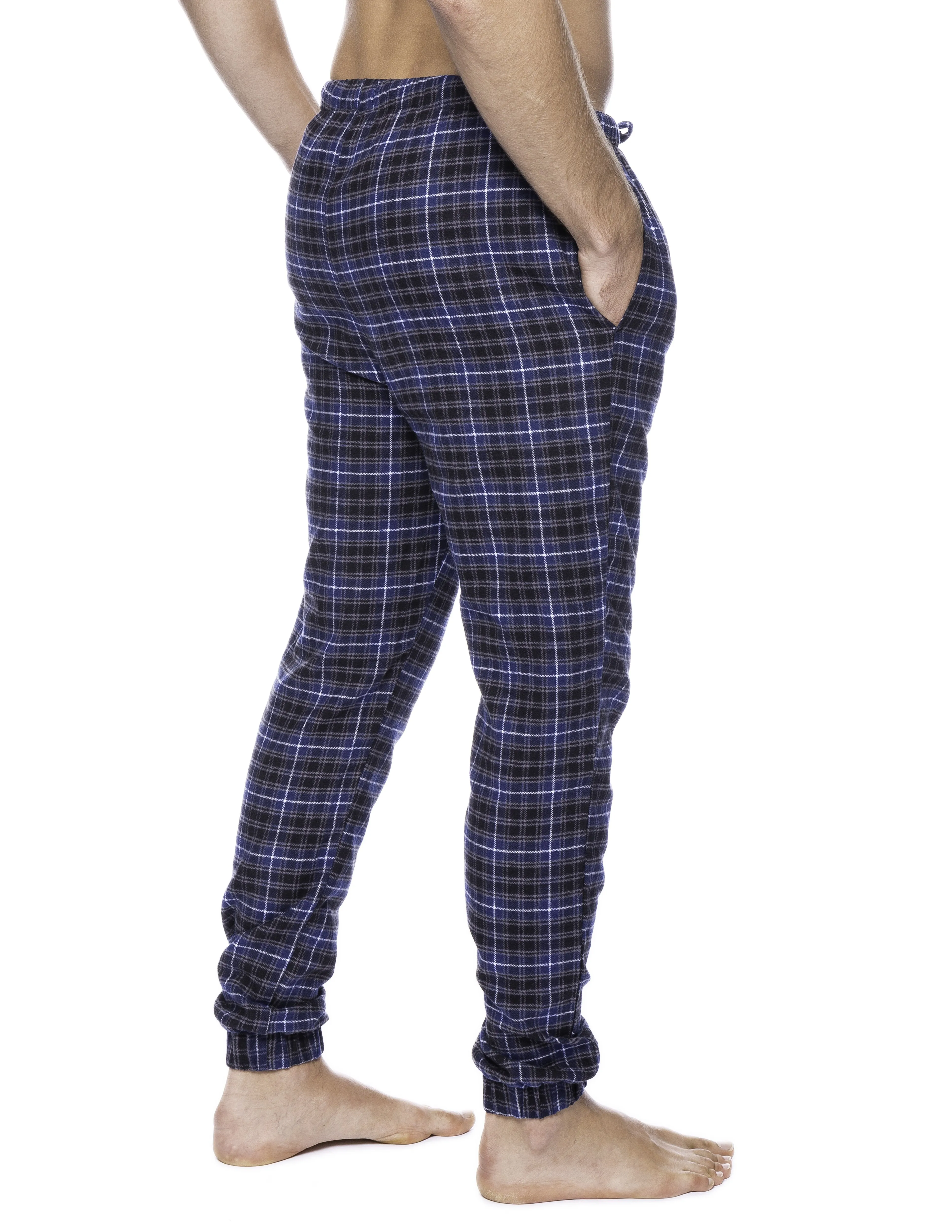 Mens 100% Cotton Flannel Jogger Lounge Pants - Plaid Navy/Black