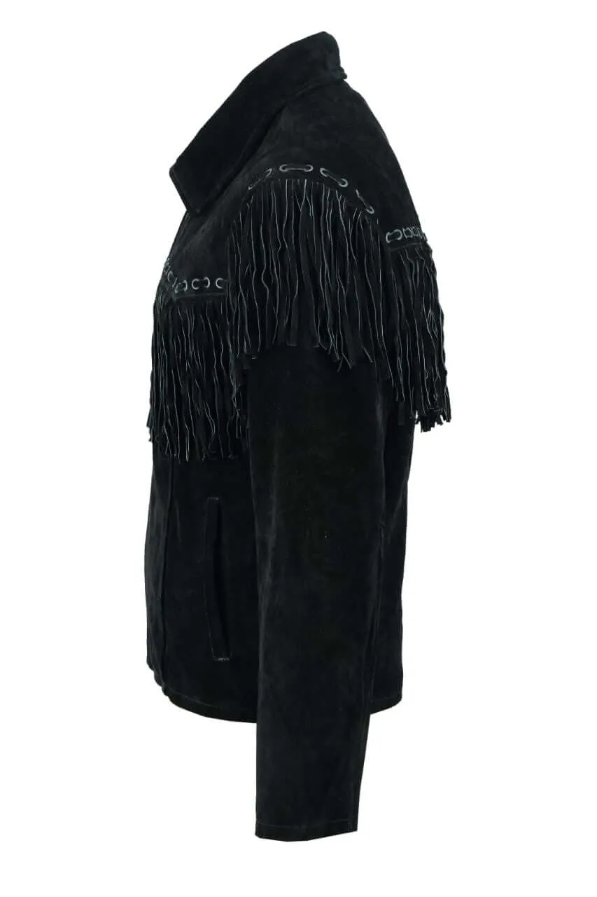 Mens Black Suede Cowboy Western Leather Jacket With Fringe