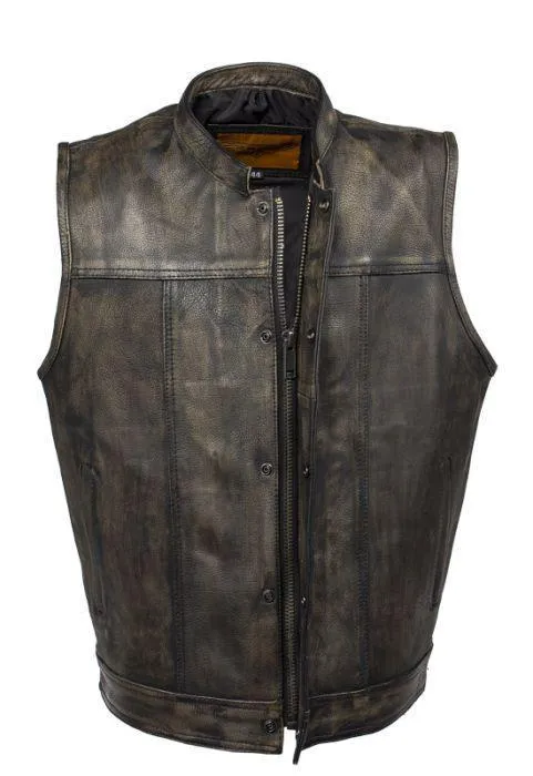 Mens Distressed Brown Leather Motorcycle Club Vest, MV8017-ZIP-12-DL