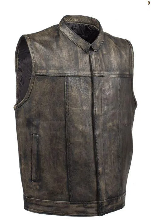 Mens Distressed Brown Leather Motorcycle Club Vest, MV8017-ZIP-12-DL