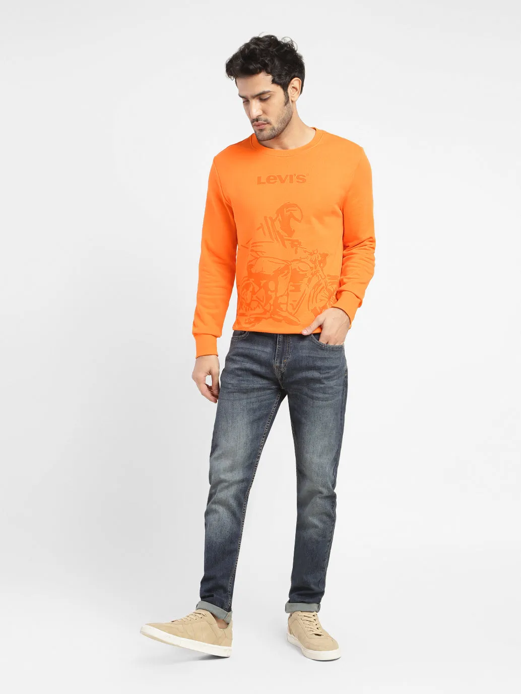 Men's Graphic Print Crew Neck Sweatshirt Orange