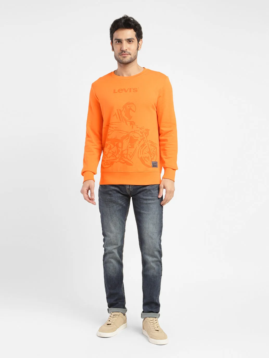 Men's Graphic Print Crew Neck Sweatshirt Orange