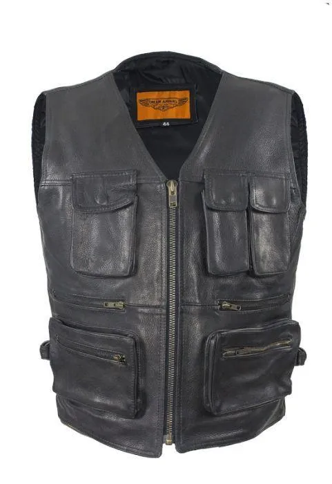 Mens Leather Cargo Vest With 9 Pockets, MV800-11-DL