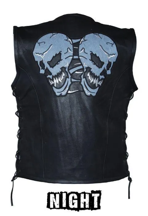 Mens Leather Vest With Reflective Evil Skulls, MV319-01-DL