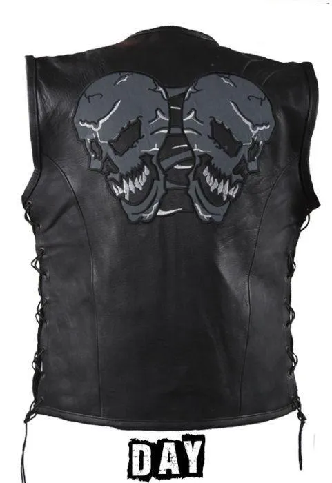 Mens Leather Vest With Reflective Evil Skulls, MV319-01-DL