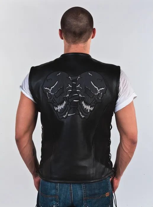 Mens Leather Vest With Reflective Evil Skulls, MV319-01-DL