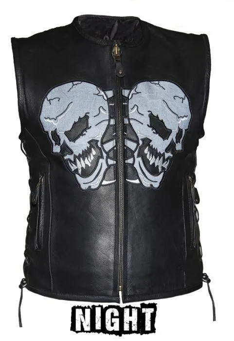 Mens Leather Vest With Reflective Evil Skulls, MV319-01-DL