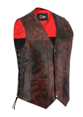 Mens Red Distressed Waistcoat Motorcycle Biker Style Gillette Vest-Top Quality