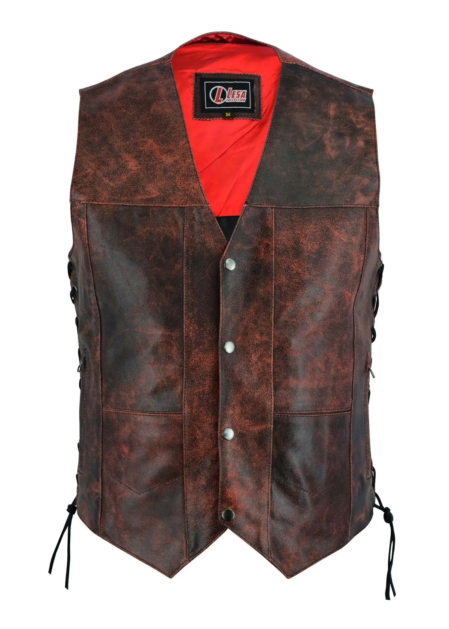 Mens Red Distressed Waistcoat Motorcycle Biker Style Gillette Vest-Top Quality