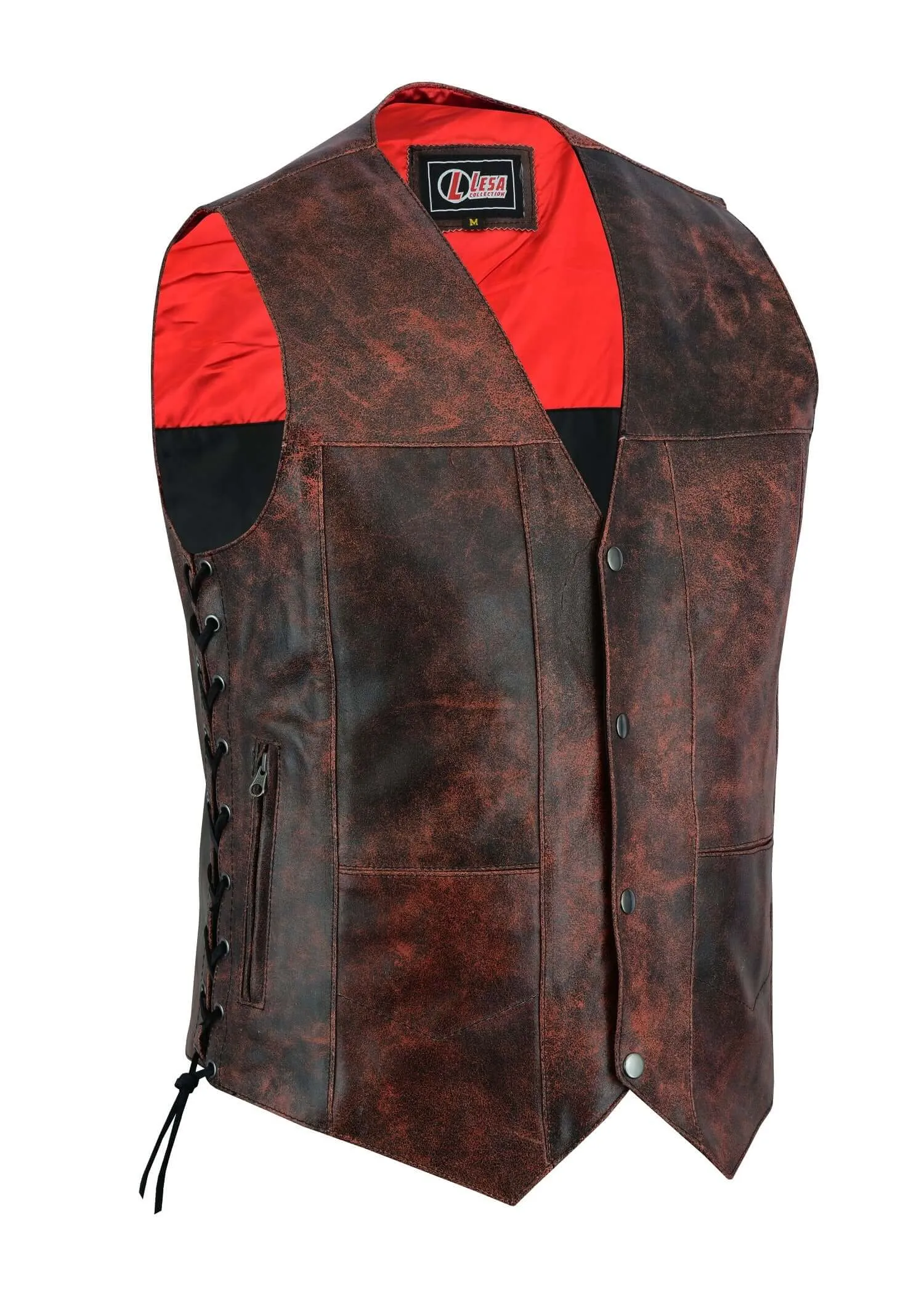 Mens Red Distressed Waistcoat Motorcycle Biker Style Gillette Vest-Top Quality