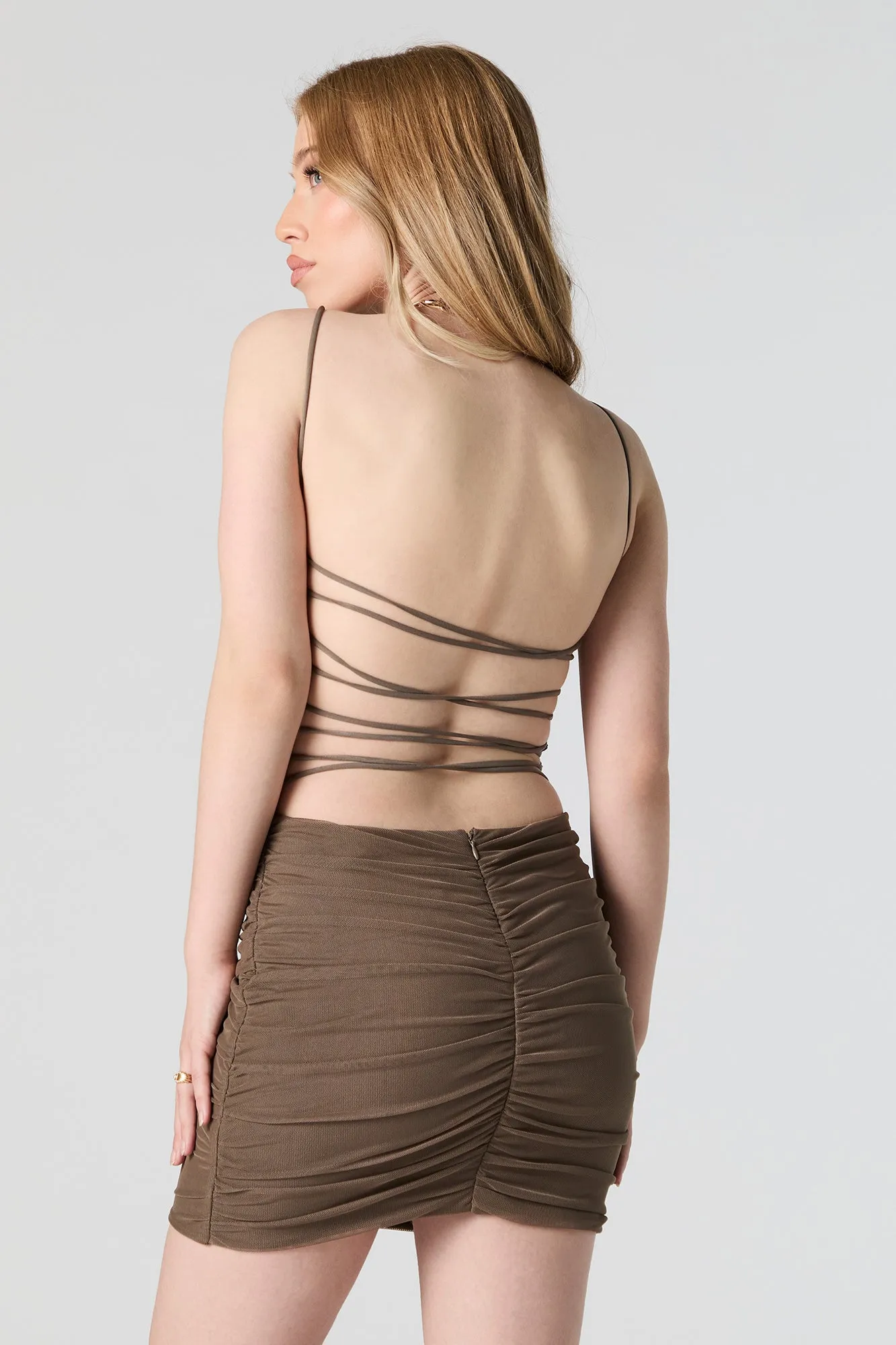 Mesh Ruched Cut Out Bodycon Mini Dress