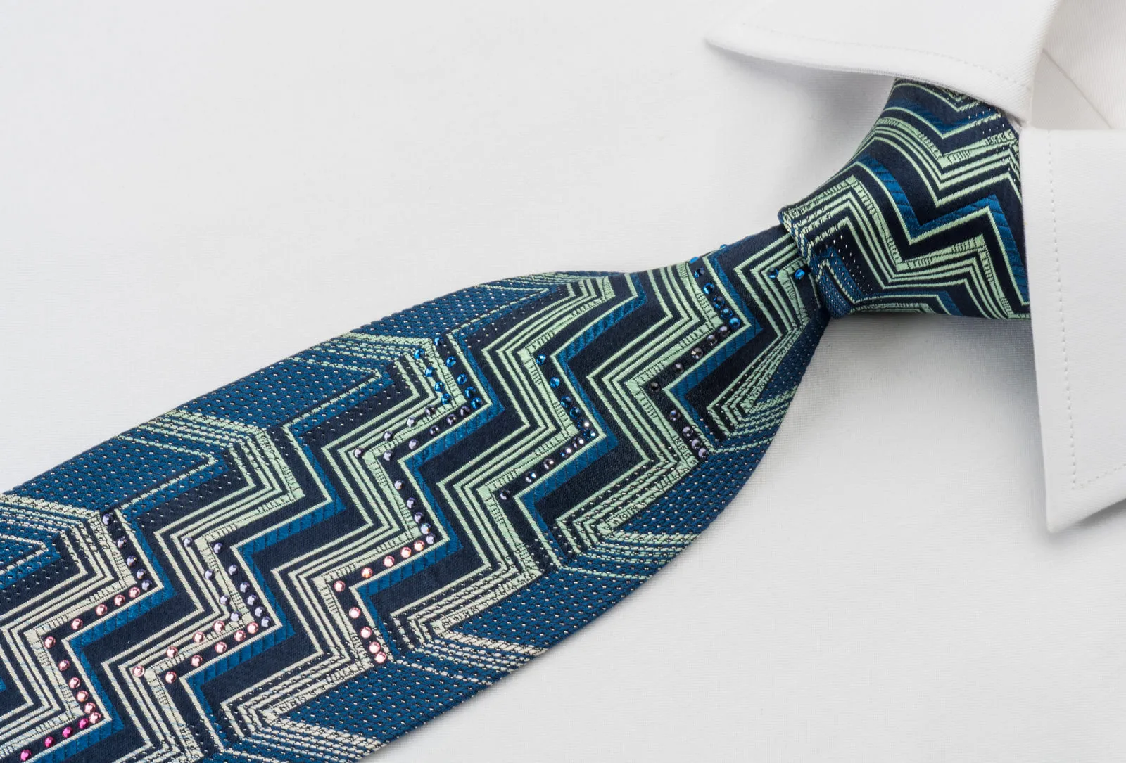 Mila Schon Silk Rhinestone Necktie Geometric On Blue With Silver Sparkles