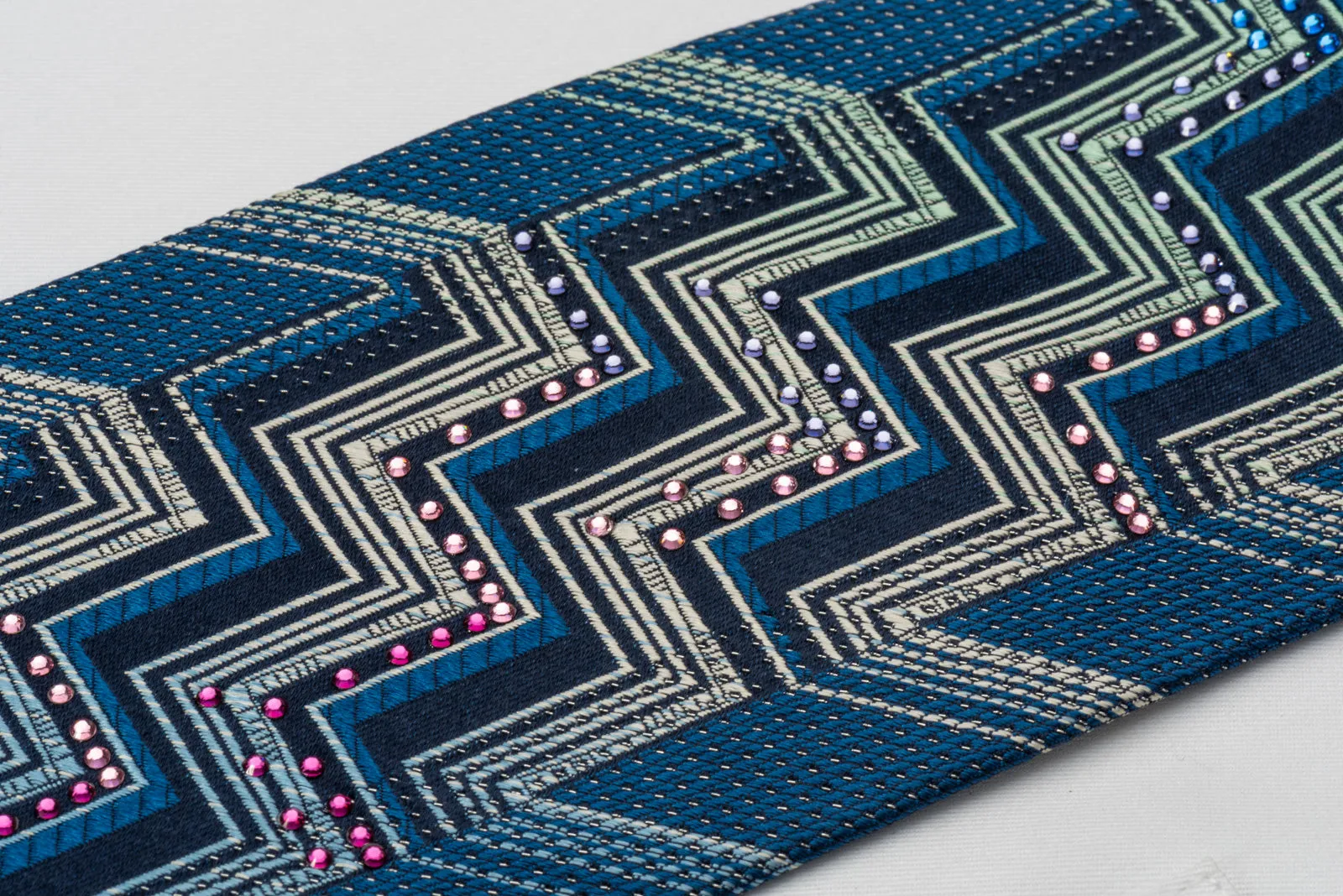 Mila Schon Silk Rhinestone Necktie Geometric On Blue With Silver Sparkles