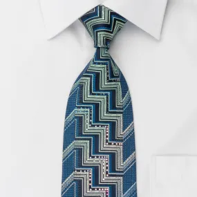 Mila Schon Silk Rhinestone Necktie Geometric On Blue With Silver Sparkles