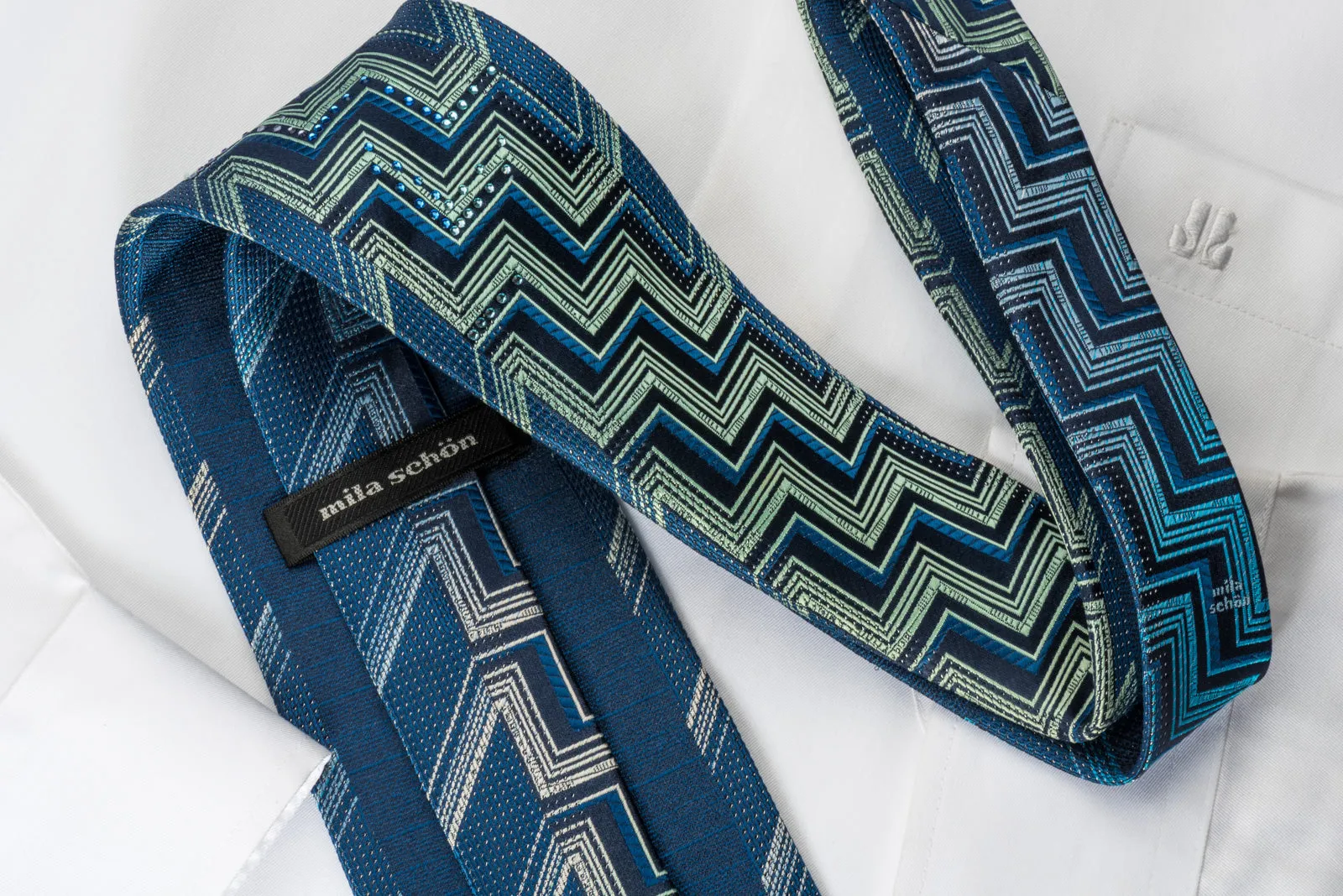 Mila Schon Silk Rhinestone Necktie Geometric On Blue With Silver Sparkles