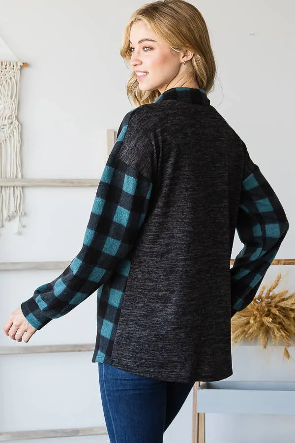 Misses SOLID AND PLAID SHACKET WITH POCKET MOCHA/BLACK